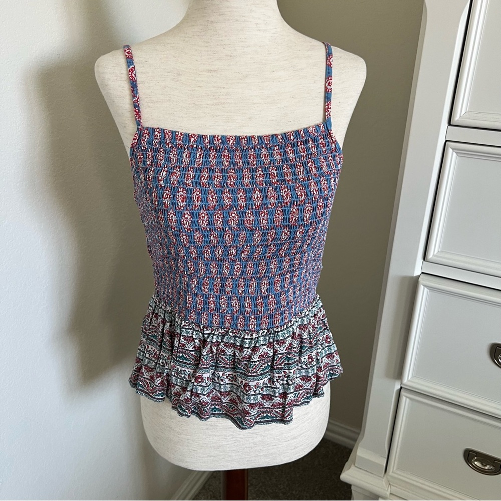 Printed Smocked Ruffle Trim Tank